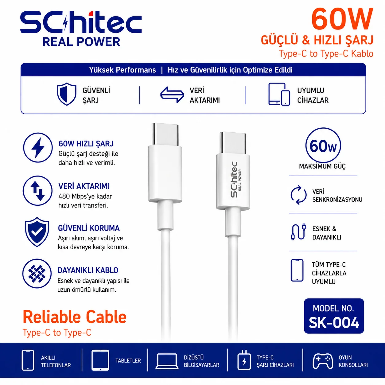 SChitec 60W Type-C to Type-C Data ve Hızlı Şarj Kablosu Telefon, Tablet, Laptop Uyumlu Beyaz SK004