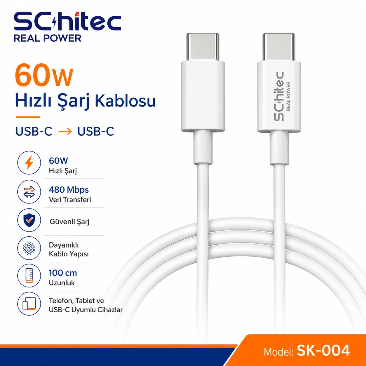SChitec 60W Type-C to Type-C Data ve Hızlı Şarj Kablosu Telefon, Tablet, Laptop Uyumlu Beyaz SK004