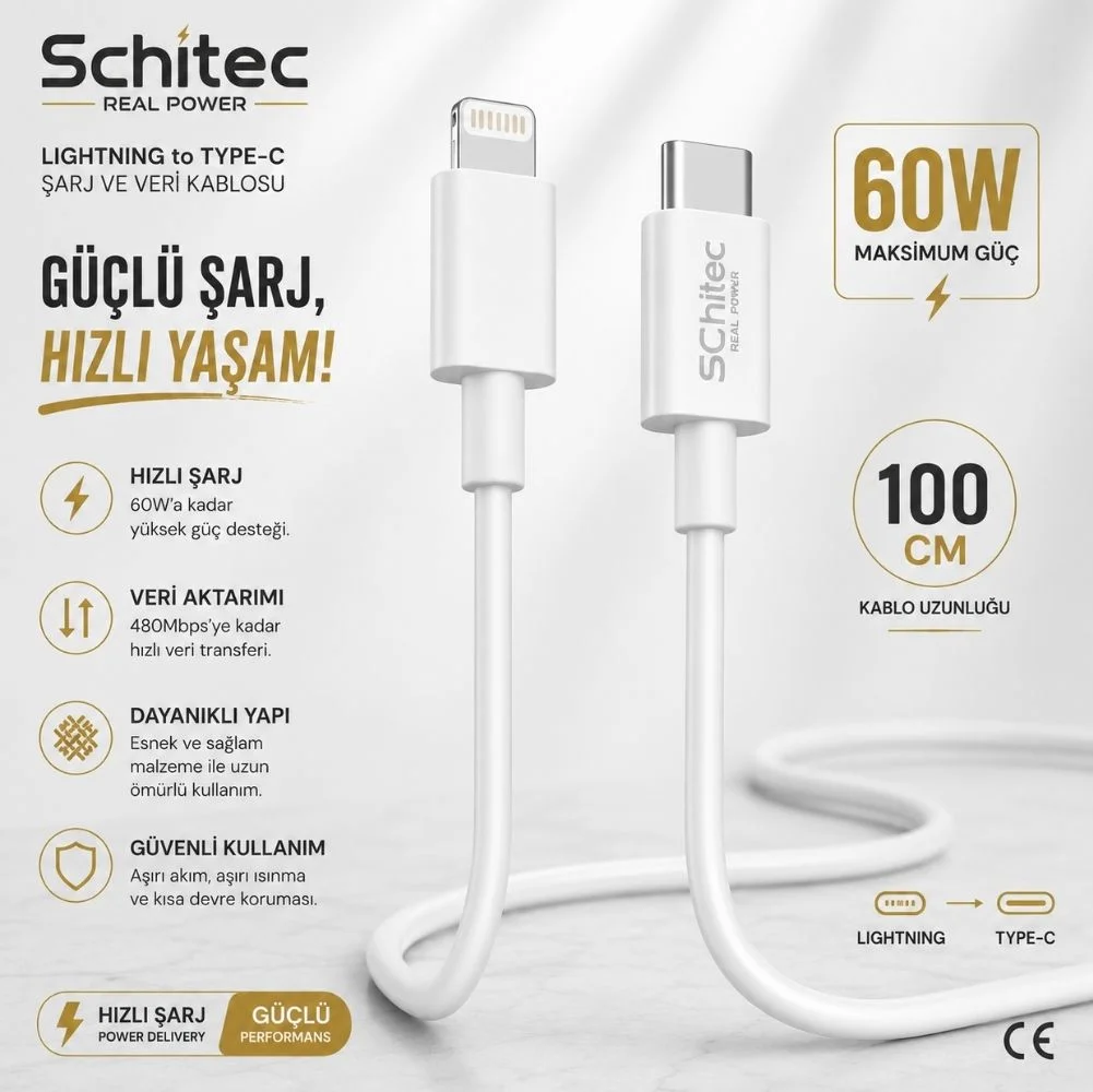 SChitec 60W Type-C to Lightning Data ve Hızlı Şarj Kablosu Telefon, İpad Uyumlu Beyaz SK003