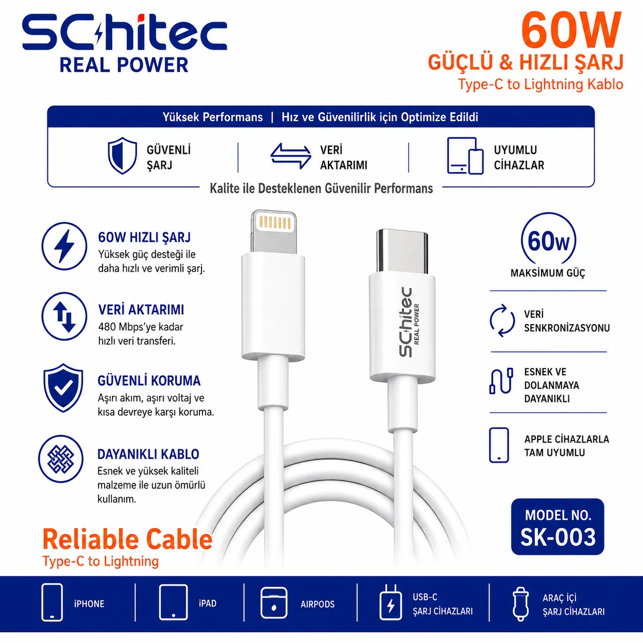 SChitec 60W Type-C to Lightning Data ve Hızlı Şarj Kablosu Telefon, İpad Uyumlu Beyaz SK003