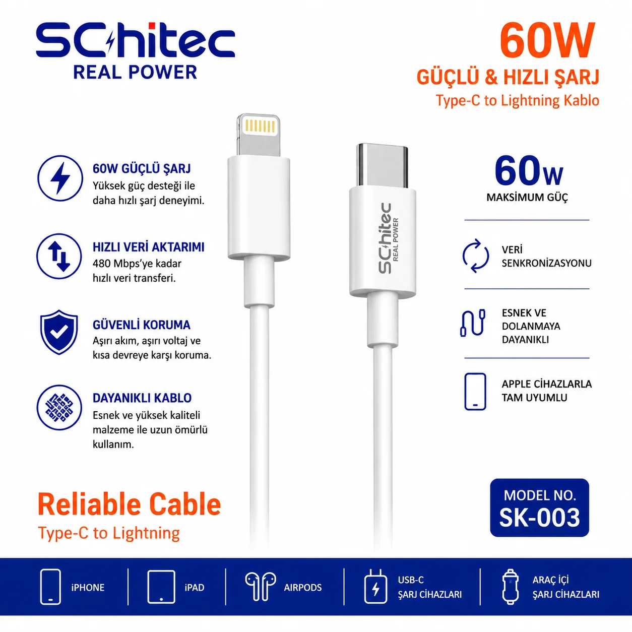 SChitec 60W Type-C to Lightning Data ve Hızlı Şarj Kablosu Telefon, İpad Uyumlu Beyaz SK003
