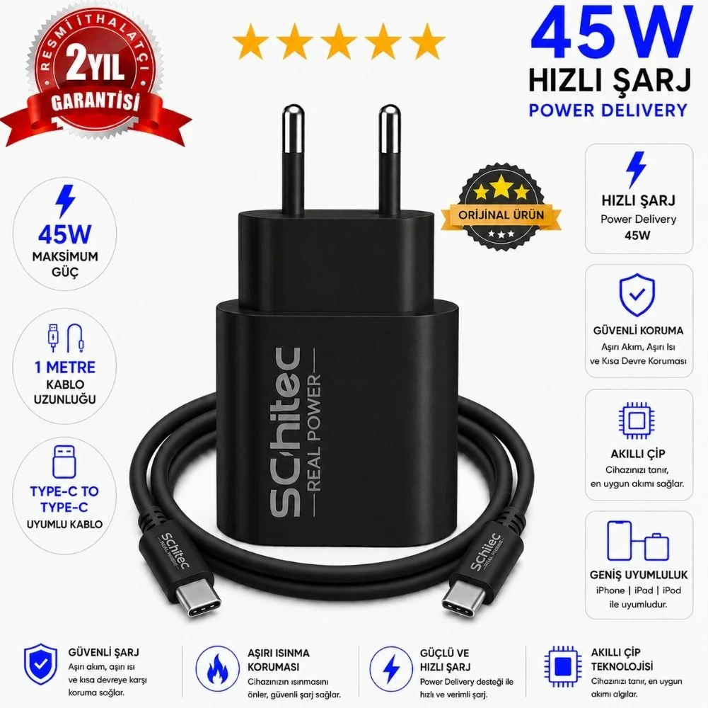 SChitec 45W Çıkışlı Hızlı Şarj Aleti Type-C to Type-C Kablolu Set Siyah SC008