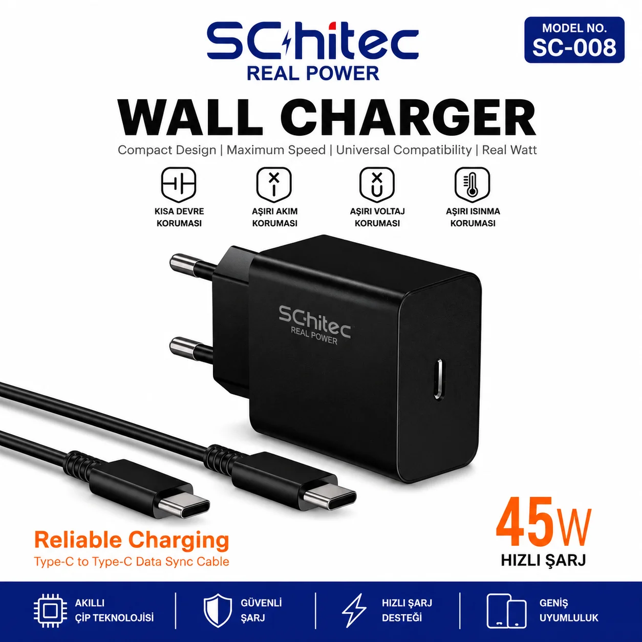 SChitec 45W Çıkışlı Hızlı Şarj Aleti Type-C to Type-C Kablolu Set Siyah SC008
