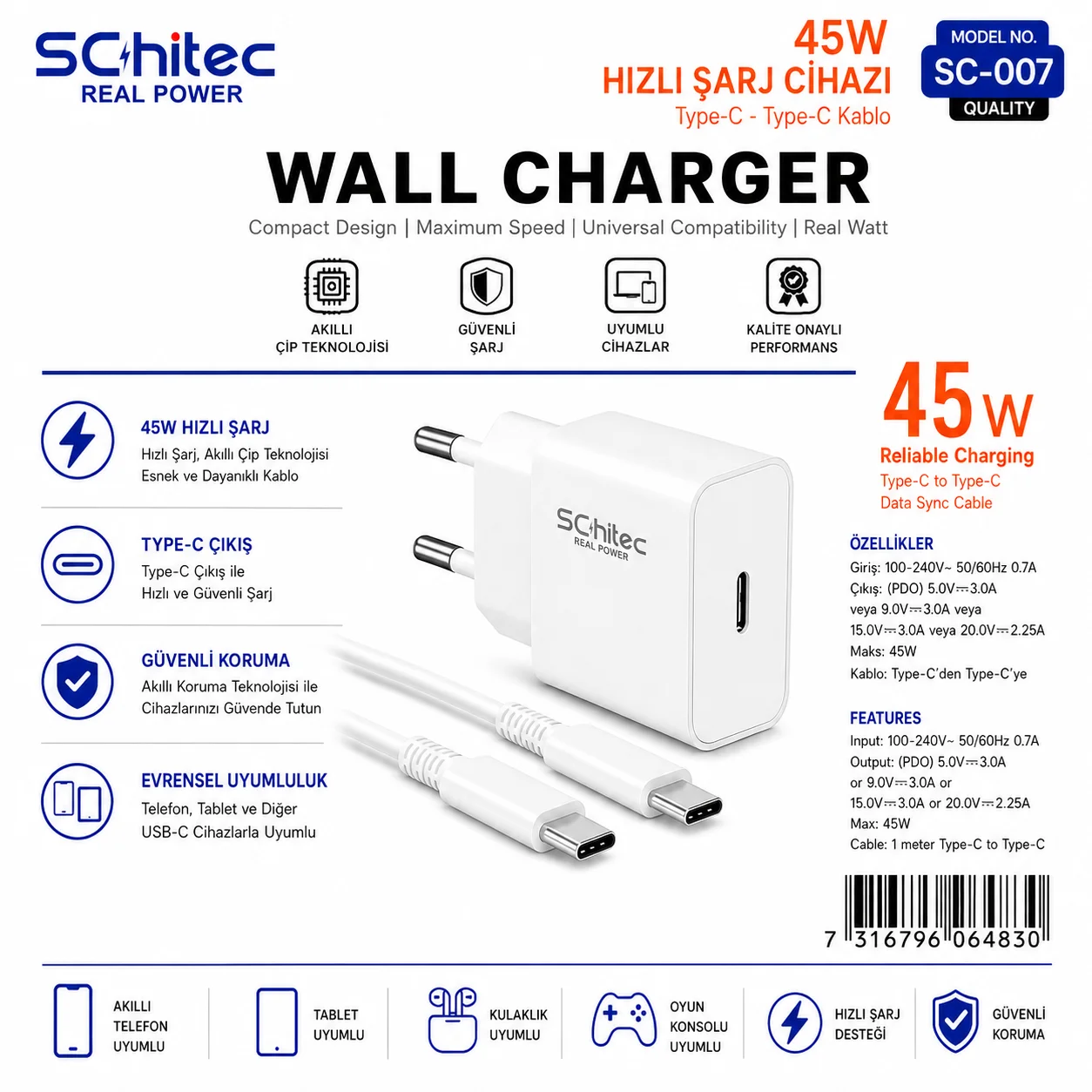 SChitec 45W  Çıkışlı Hızlı Şarj Aleti Type-C to Type-C Kablolu Set Beyaz SC007