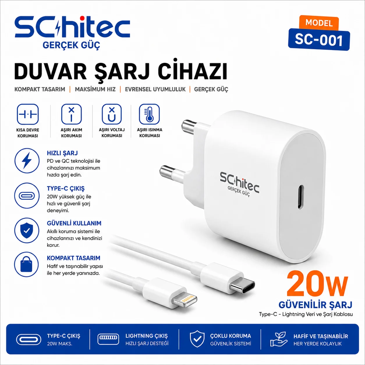 SChitec 20W Type-C Çıkışlı Hızlı Şarj Aleti Type-C to Lightning Kablolu Set Beyaz SC001