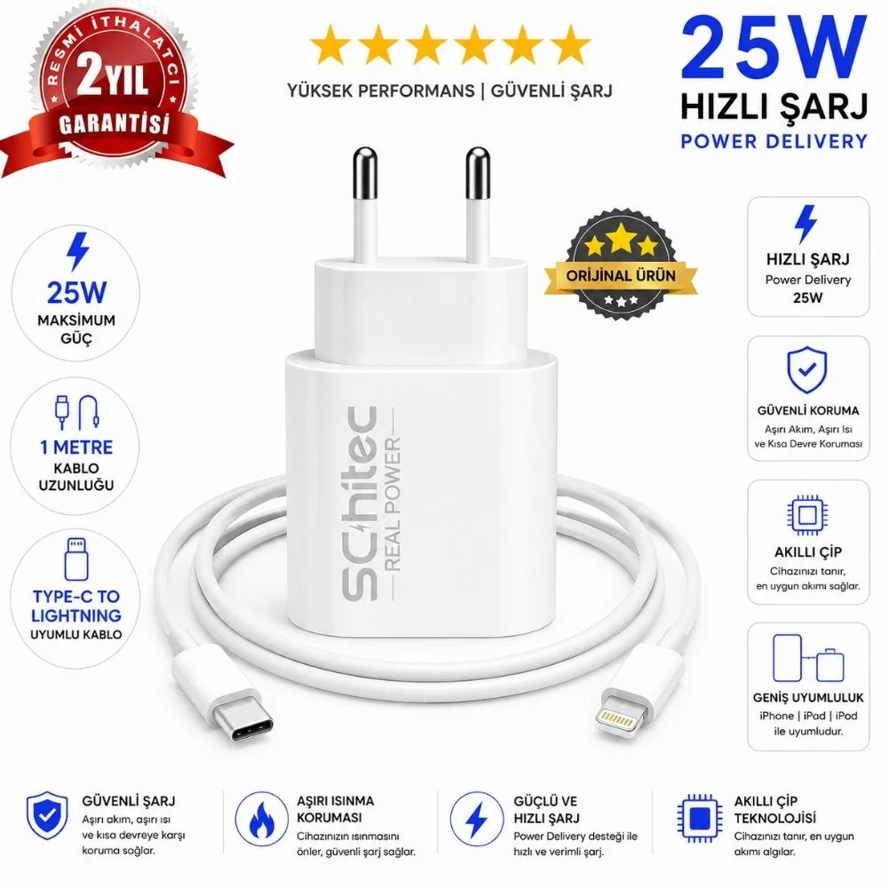 SChitec 25W Type-C Çıkışlı Hızlı Şarj Aleti Type-C to Lightning Kablolu Set Beyaz SC003