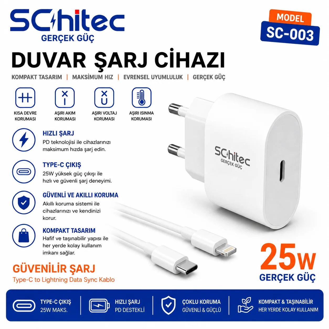 SChitec 25W Type-C Çıkışlı Hızlı Şarj Aleti Type-C to Lightning Kablolu Set Beyaz SC003