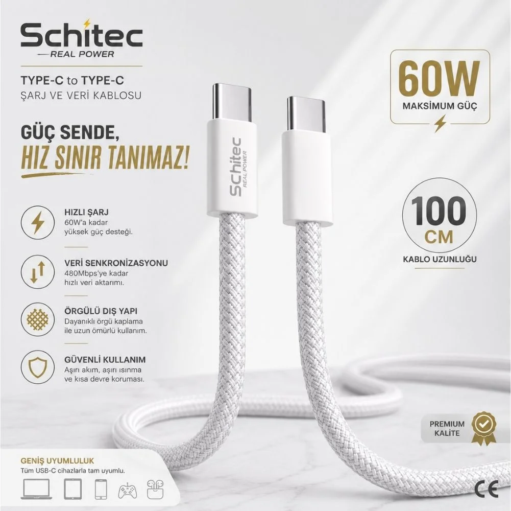SChitec 60W Type-C to Type-C Örgülü Data ve Hızlı Şarj Kablosu Telefon, Tablet, Laptop Uyumlu Beyaz SK001