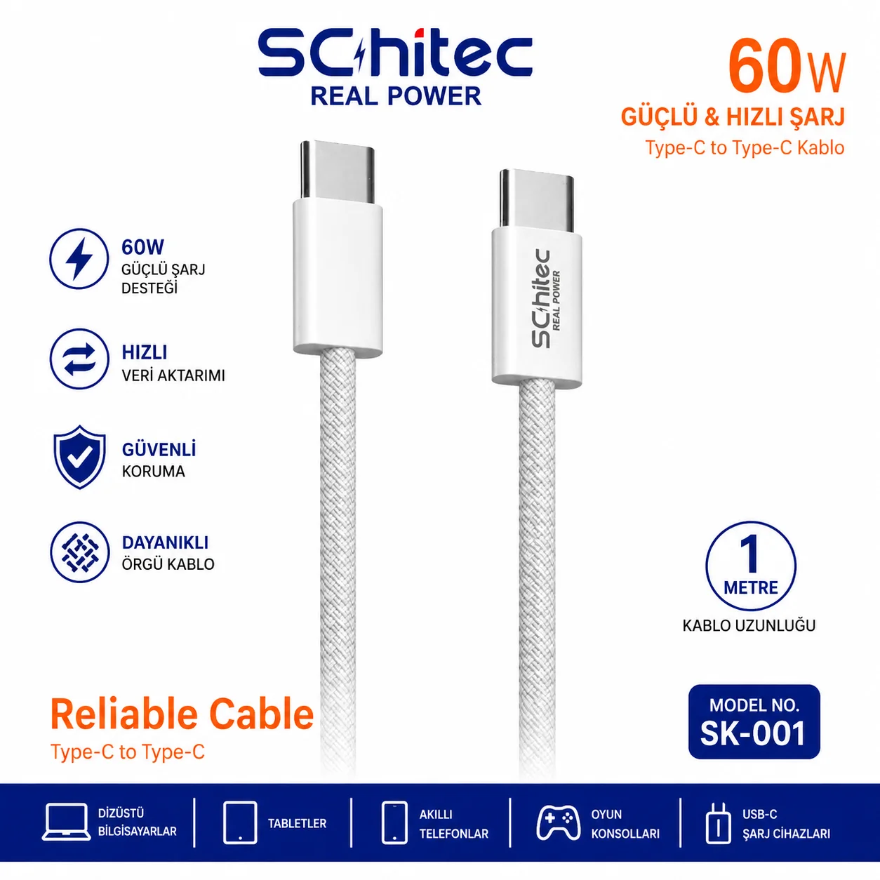 SChitec 60W Type-C to Type-C Örgülü Data ve Hızlı Şarj Kablosu Telefon, Tablet, Laptop Uyumlu Beyaz SK001