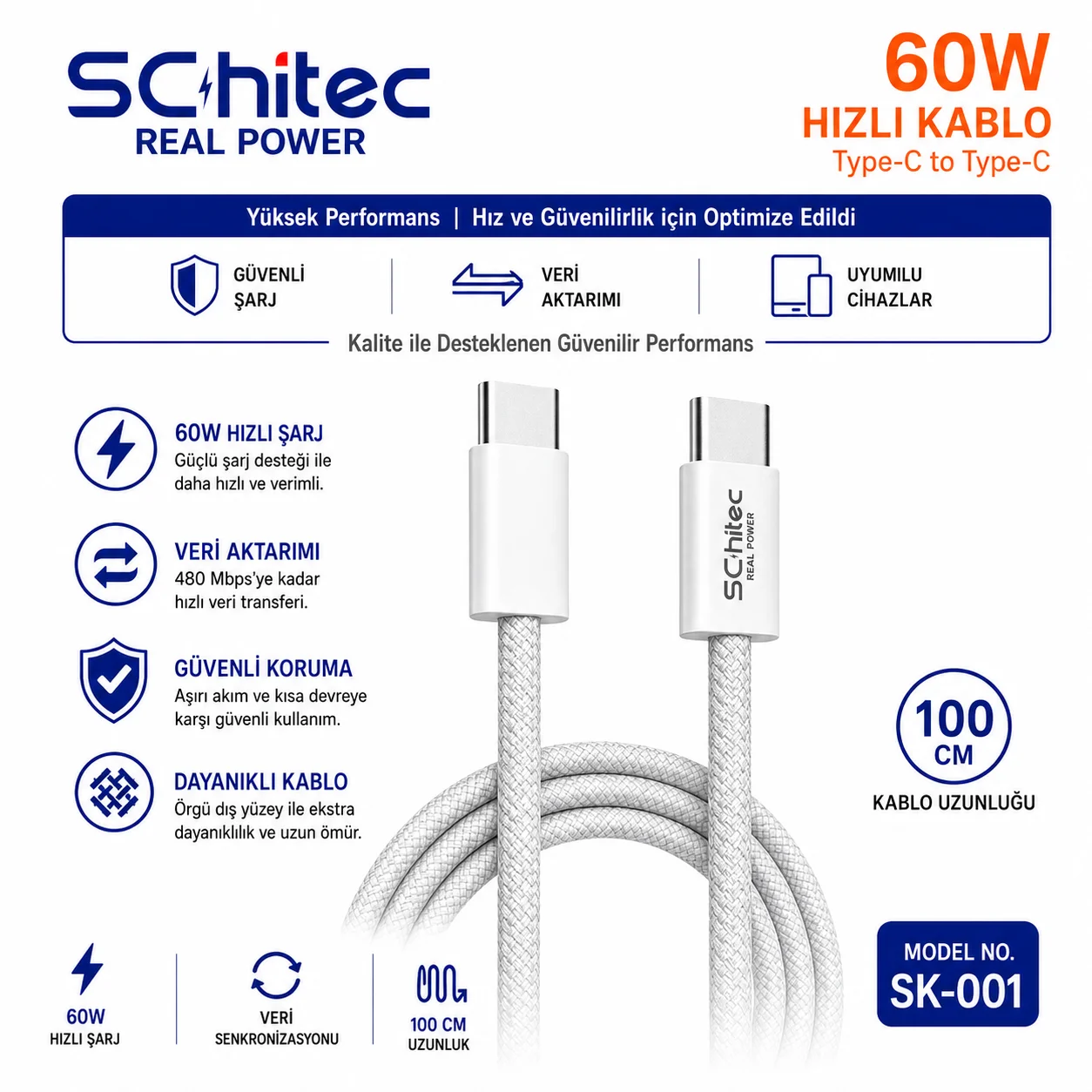 SChitec 60W Type-C to Type-C Örgülü Data ve Hızlı Şarj Kablosu Telefon, Tablet, Laptop Uyumlu Beyaz SK001
