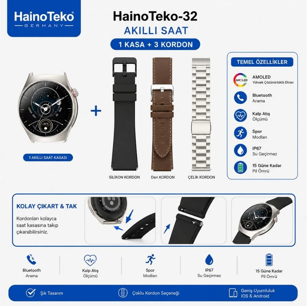 HainoTeko 32 Akıllı Saat AMOLED Ekran Bluetooth Sesli Görüşme, Su geçirmez, 15 Gün Batarya Gümüş