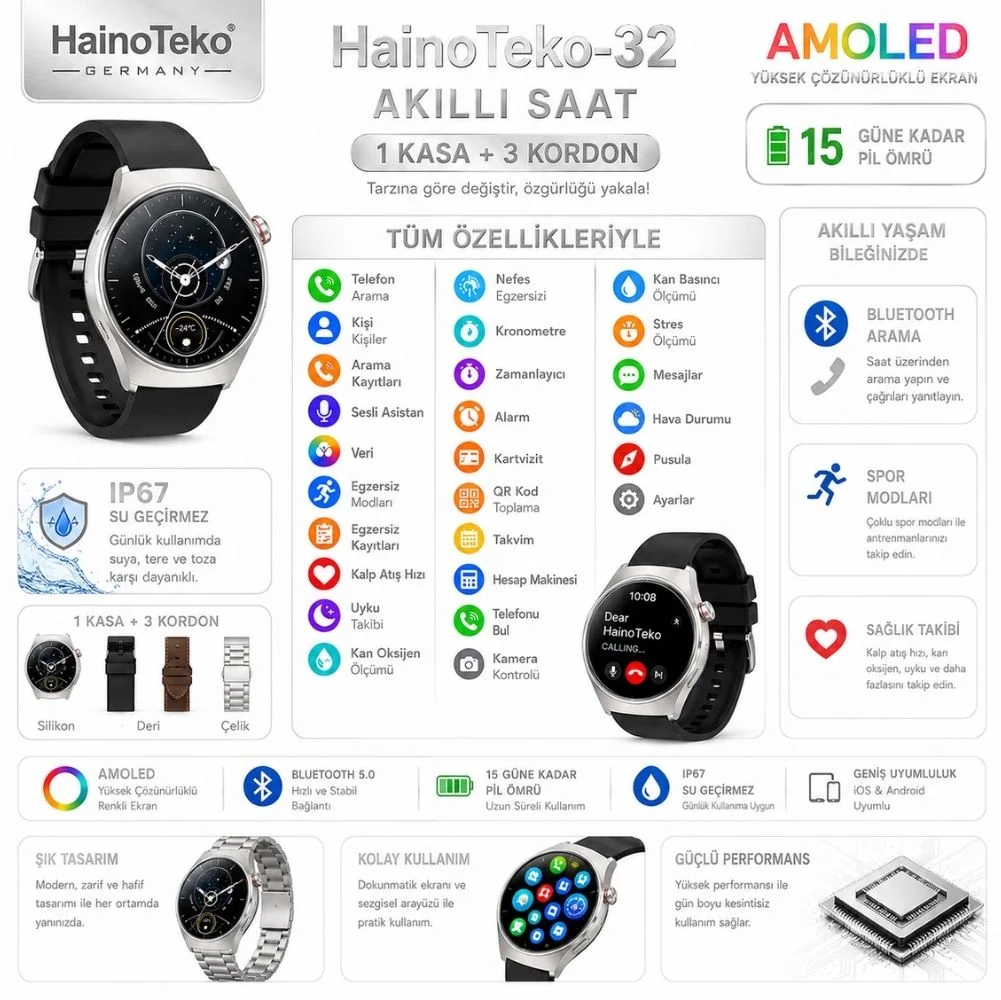 HainoTeko 32 Akıllı Saat AMOLED Ekran Bluetooth Sesli Görüşme, Su geçirmez, 15 Gün Batarya Gümüş