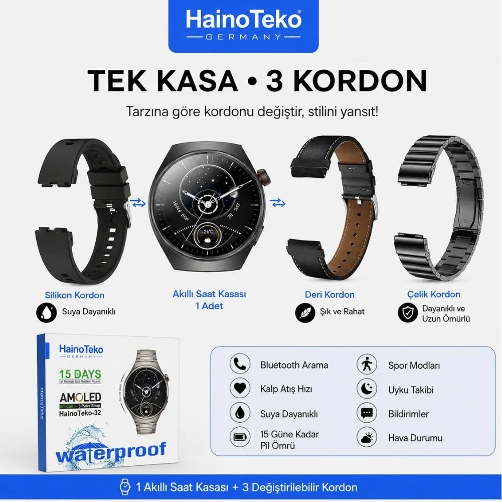 HainoTeko 32 Akıllı Saat AMOLED Ekran Bluetooth Sesli Görüşme, Su geçirmez, 15 Gün Batarya Siyah
