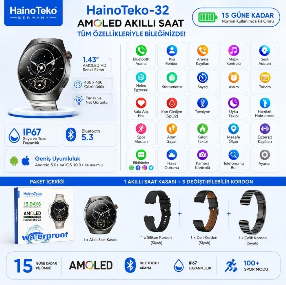 HainoTeko 32 Akıllı Saat AMOLED Ekran Bluetooth Sesli Görüşme, Su geçirmez, 15 Gün Batarya Siyah