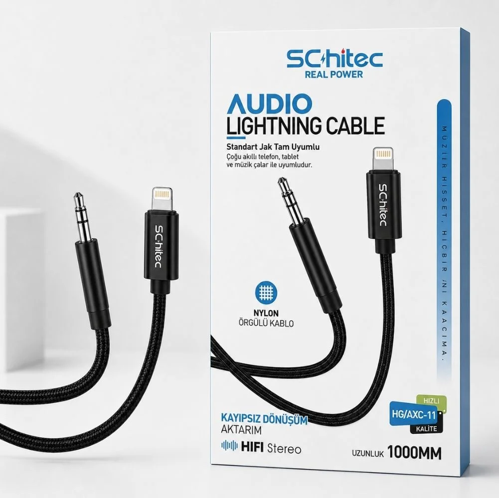 SChitec Lightning to 3.5mm AUX Dönüştürücü Kablo 1Metre Siyah HG/AXC-11