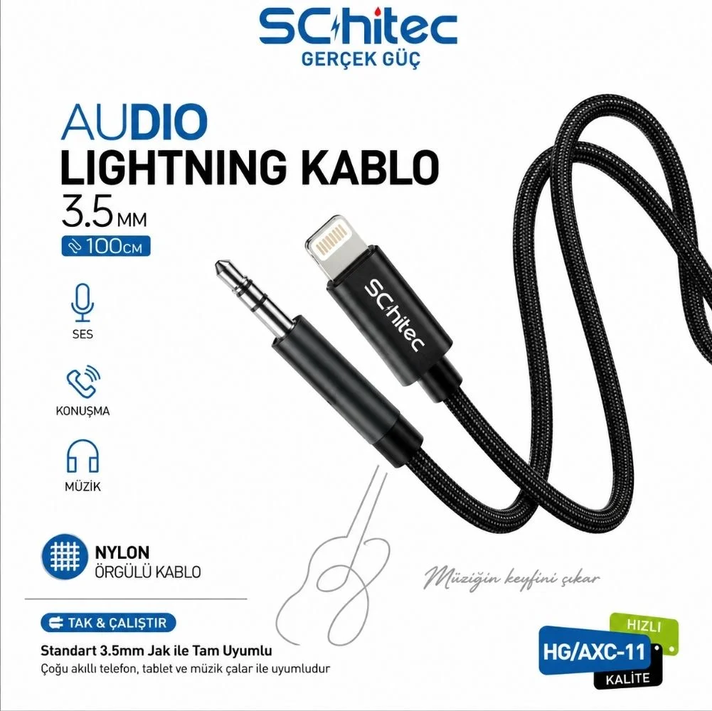 SChitec Lightning to 3.5mm AUX Dönüştürücü Kablo 1Metre Siyah HG/AXC-11