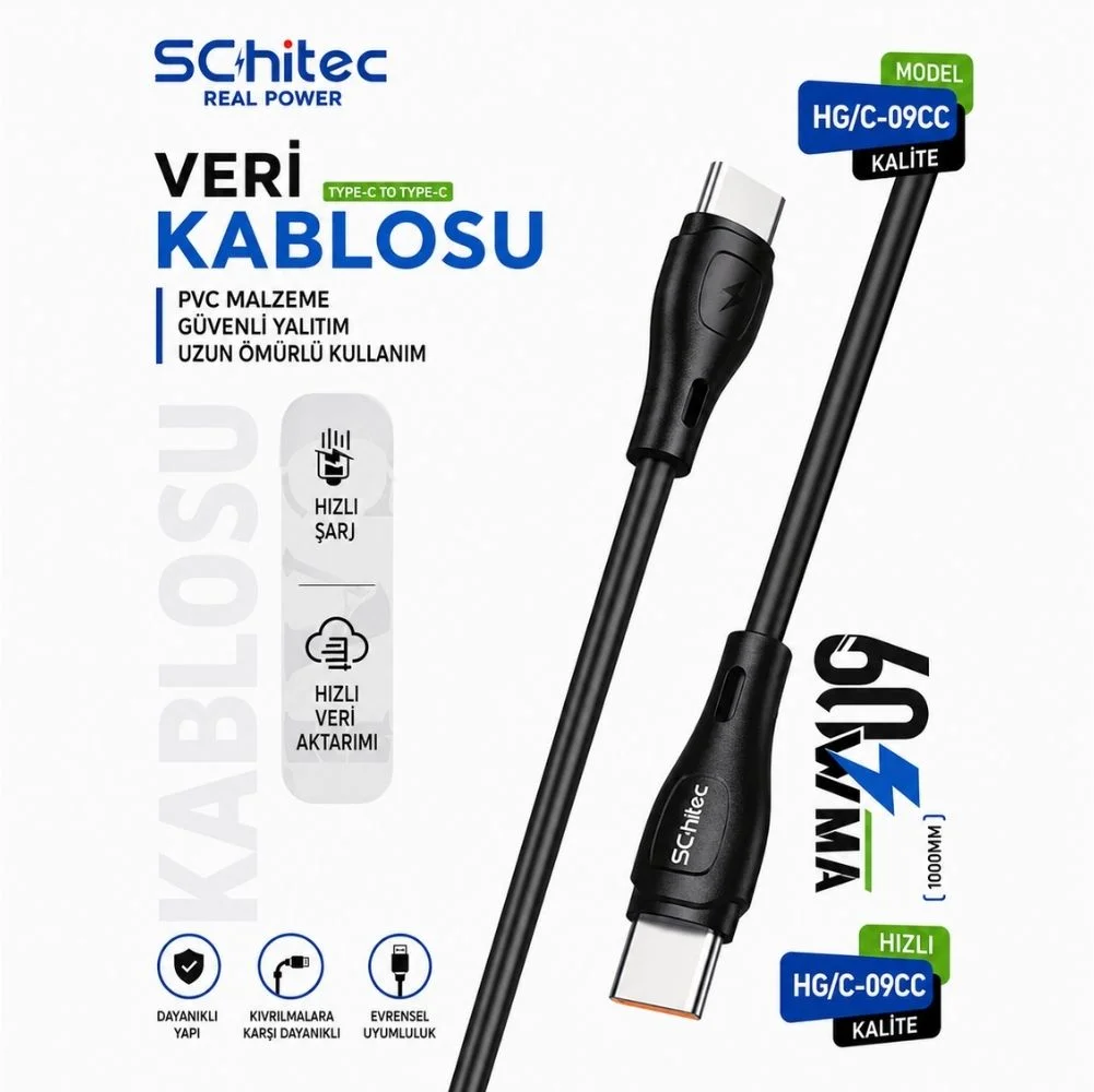 SChitec 60W Type-C to Type-C Hızlı Şarj ve Data Kablosu Siyah 1m HG/C-09CC