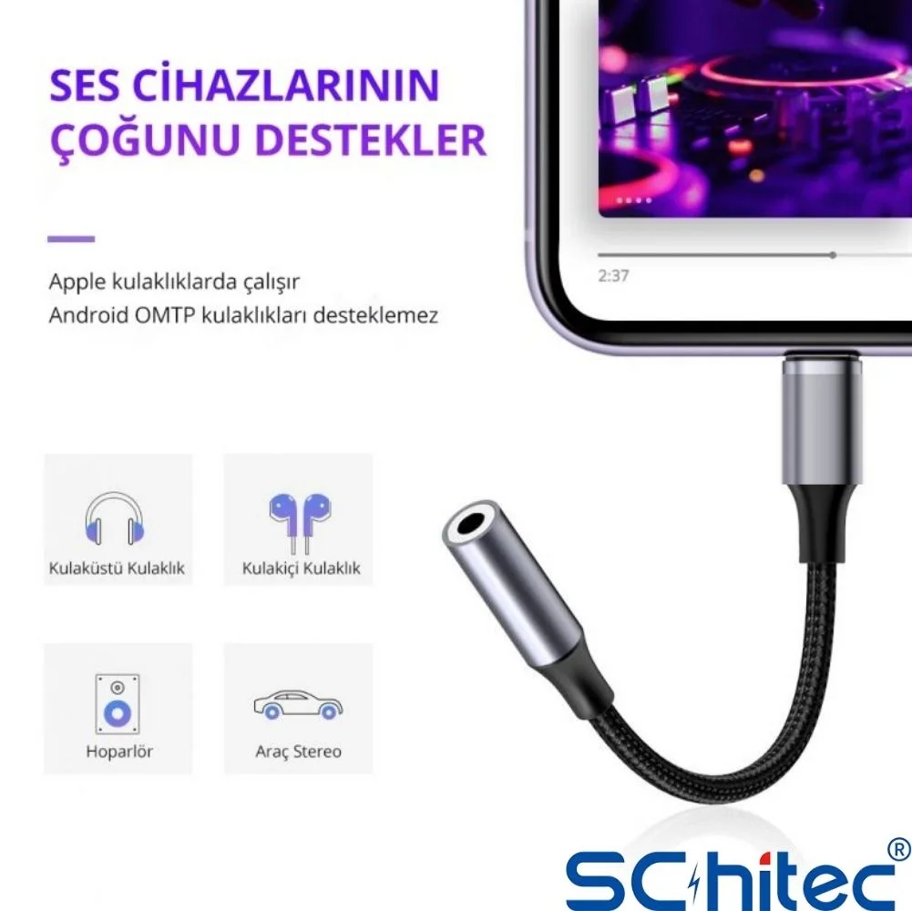 SChitec Lightning to 3.5mm AUX Dönüştürücü 10cm Siyah HG/AXT-01