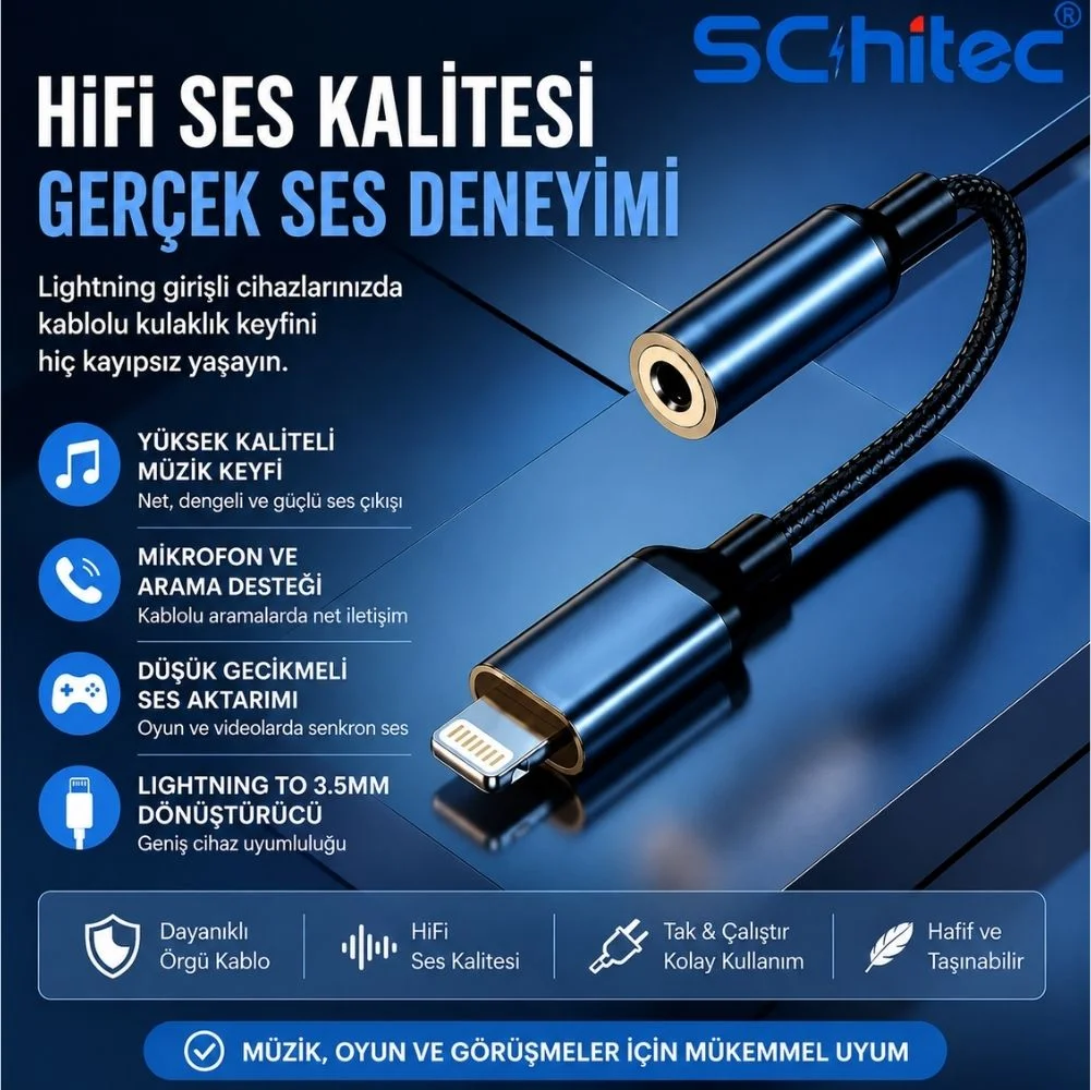 SChitec Lightning to 3.5mm AUX Dönüştürücü 10cm Siyah HG/AXT-01