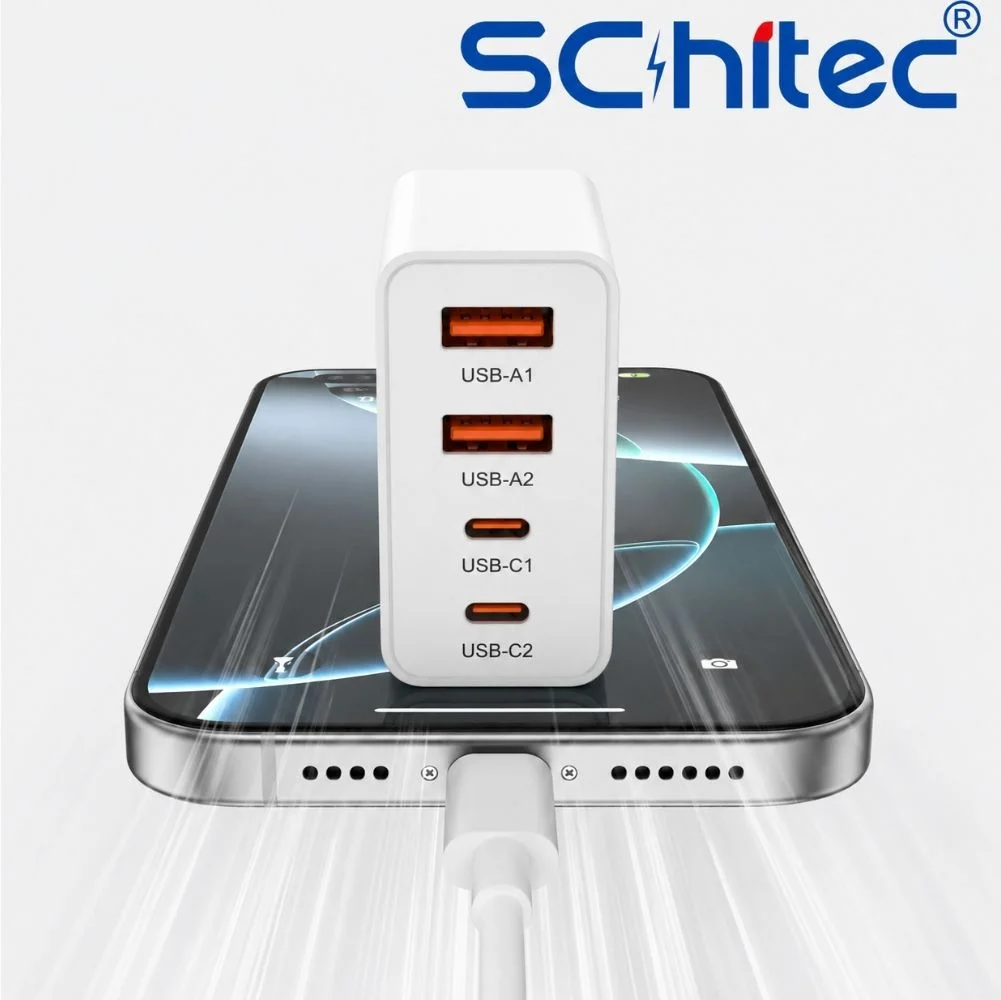 SChitec 100W 4 Çıkışlu 2 Type-C + 2 UsbA QC 3.0 Süper Hızlı Şarj Adaptörü Başlığı HG/TA-106EU
