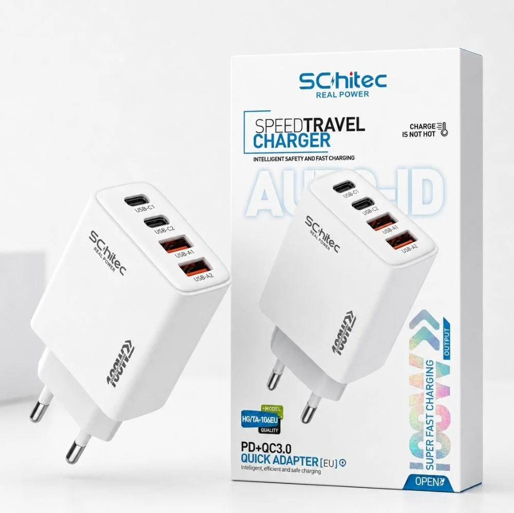 SChitec 100W 4 Çıkışlu 2 Type-C + 2 UsbA QC 3.0 Süper Hızlı Şarj Adaptörü Başlığı HG/TA-106EU