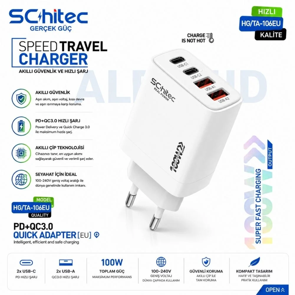 SChitec 100W 4 Çıkışlu 2 Type-C + 2 UsbA QC 3.0 Süper Hızlı Şarj Adaptörü Başlığı HG/TA-106EU