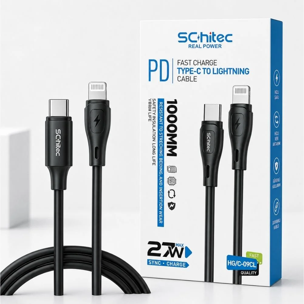 SChitec Type-C to Lightning 27W PD Hızlı Şarj ve Data Kablosu 1Metre Siyah HG/C-09CL