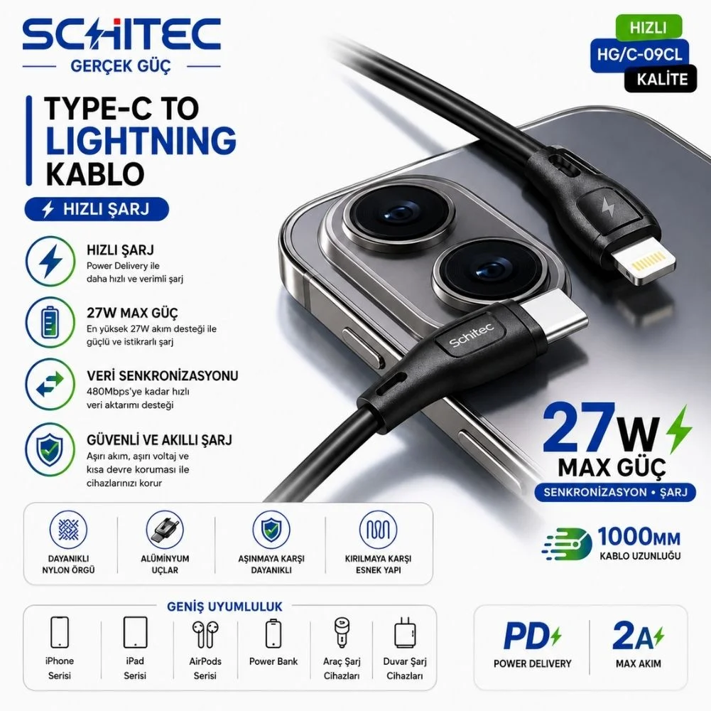 SChitec Type-C to Lightning 27W PD Hızlı Şarj ve Data Kablosu 1Metre Siyah HG/C-09CL