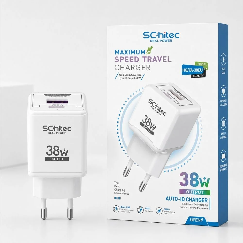 SChitec 38W Çift Çıkışlı Süper Hızlı Şarj Adaptörü USB-A QC 3.0 + Type-C PD Beyaz HG/TA-38EU