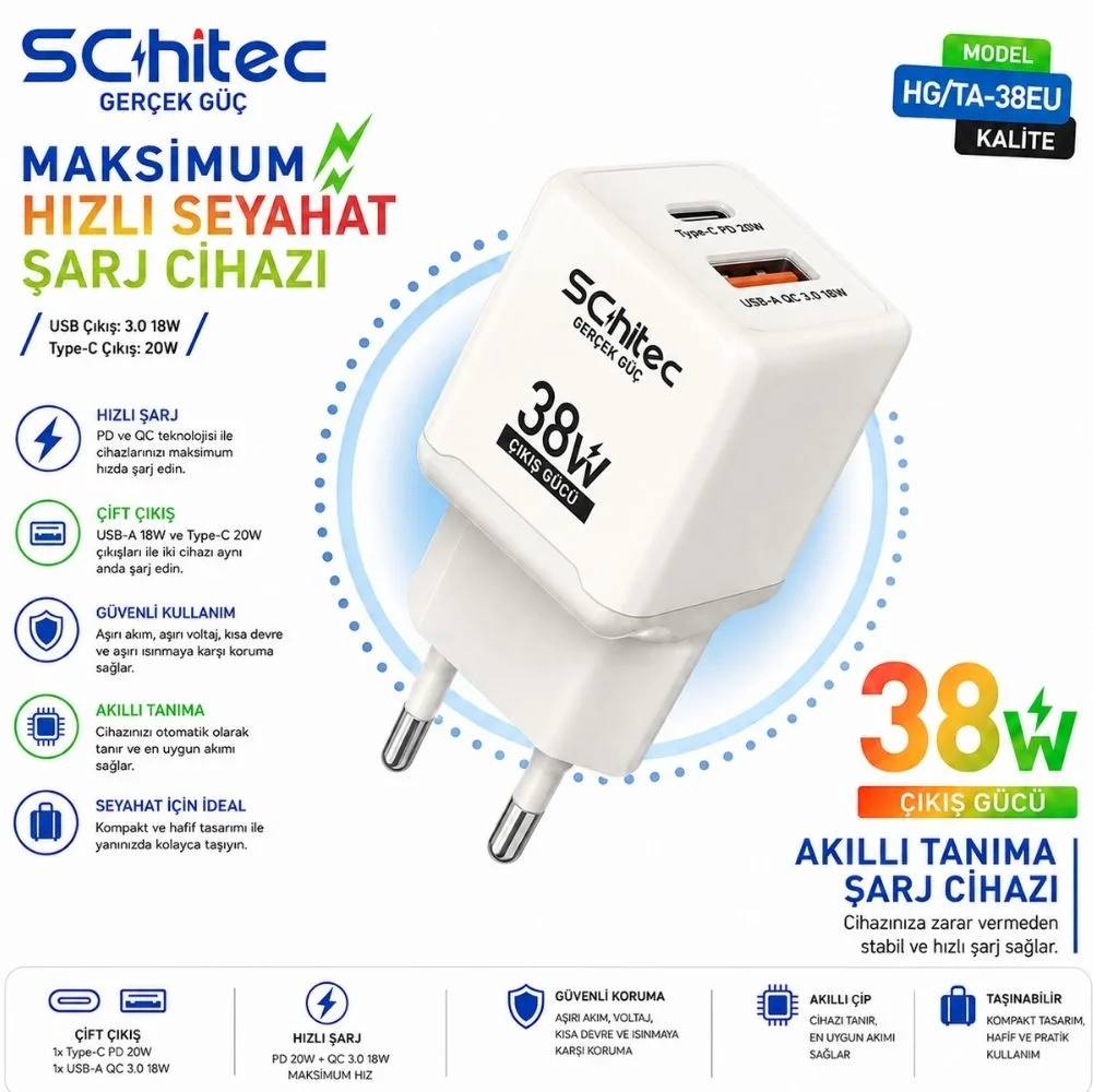 SChitec 38W Çift Çıkışlı Süper Hızlı Şarj Adaptörü USB-A QC 3.0 + Type-C PD Beyaz HG/TA-38EU