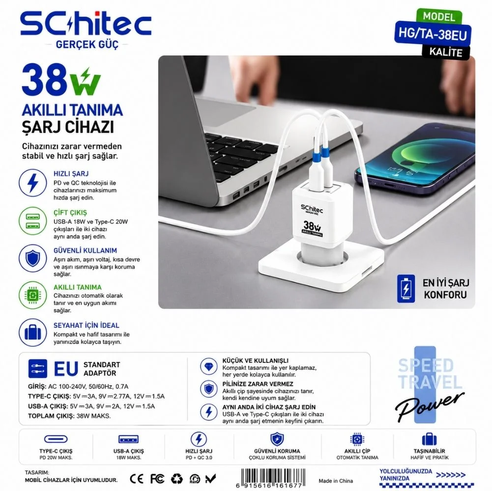 SChitec 38W Çift Çıkışlı Süper Hızlı Şarj Adaptörü USB-A QC 3.0 + Type-C PD Beyaz HG/TA-38EU