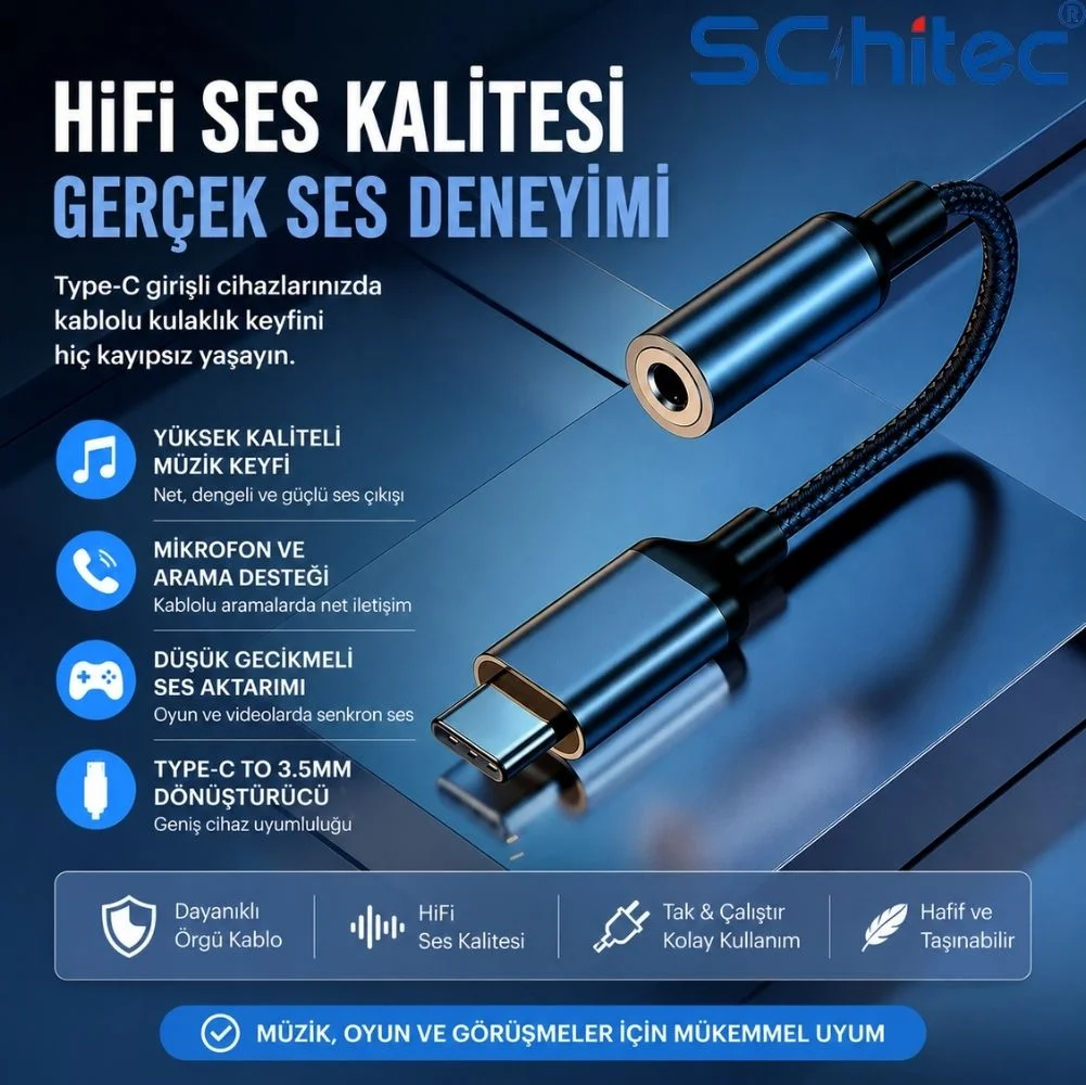 SChitec Type-C to 3.5mm Aux Dönüştürücü Adaptör HiFi Stereo Ses 10cm Siyah HG/AXT-02