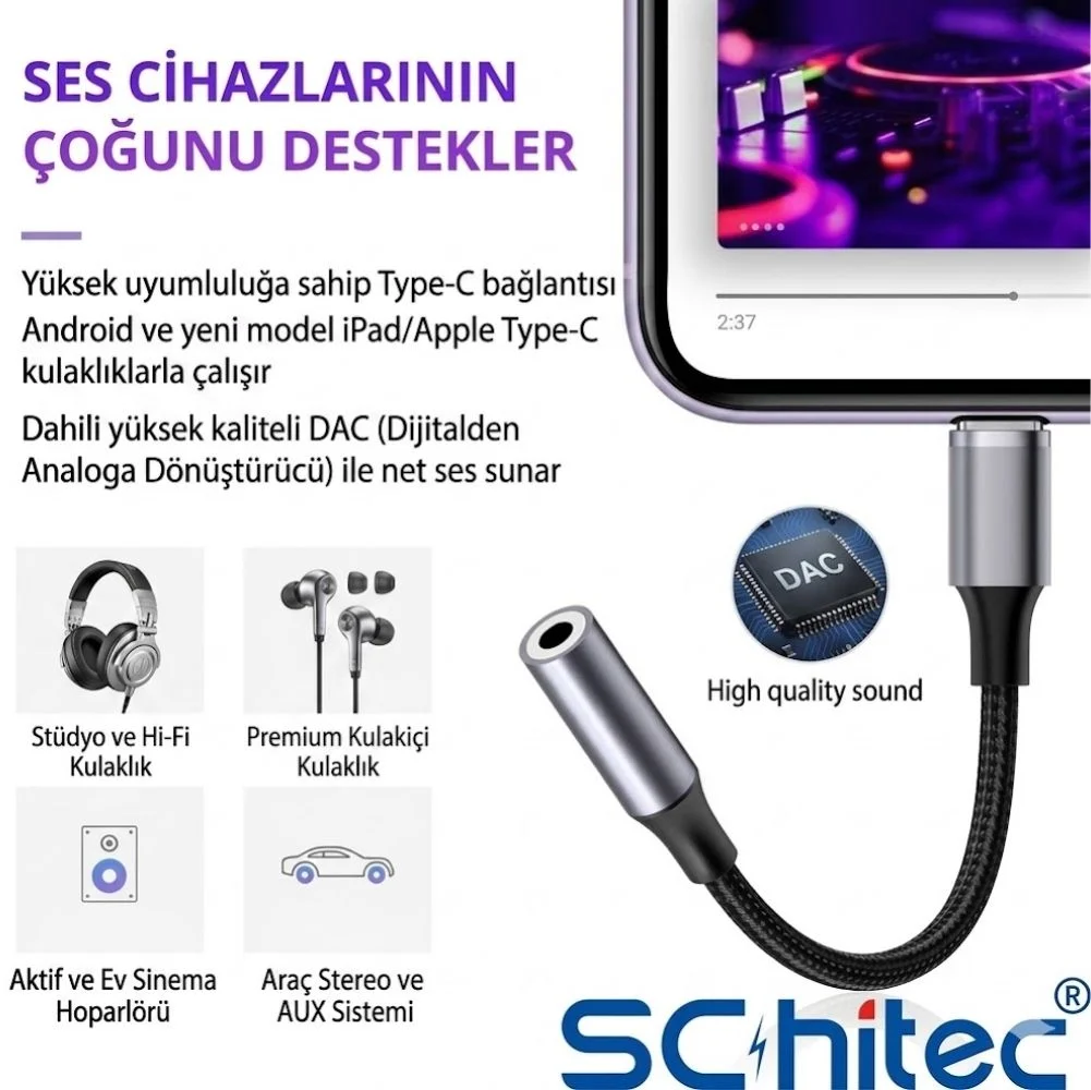 SChitec Type-C to 3.5mm Aux Dönüştürücü Adaptör HiFi Stereo Ses 10cm Siyah HG/AXT-02