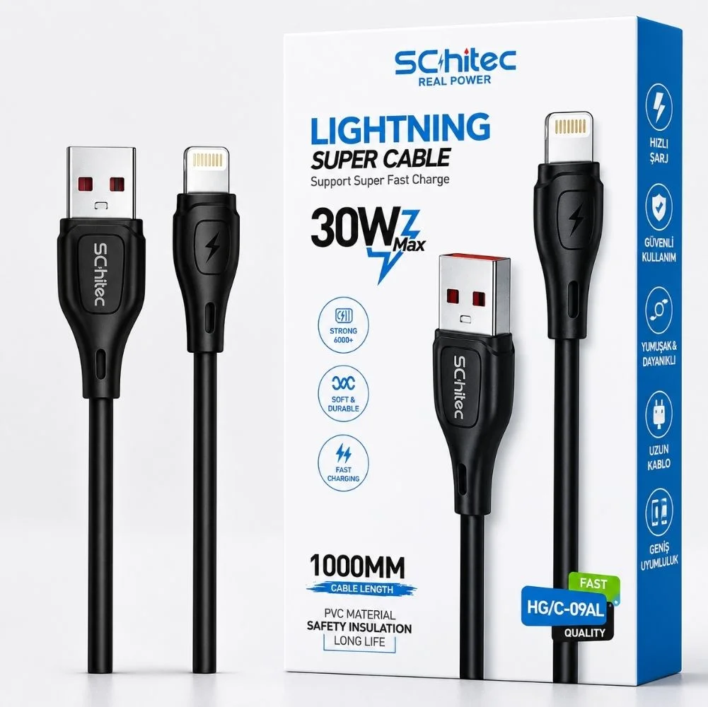 SChitec USB-A to Lightning 30W Hızlı Data ve Şarj Kablosu 1m Siyah HG/C-09AL
