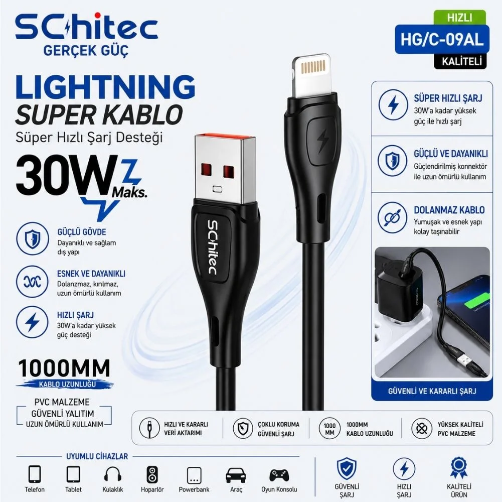 SChitec USB-A to Lightning 30W Hızlı Data ve Şarj Kablosu 1m Siyah HG/C-09AL