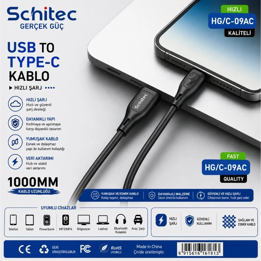 SChitec USB-A to Type-C 60W Hızlı Şarj ve Data Kablosu 1m Siyah HG/C-09AC