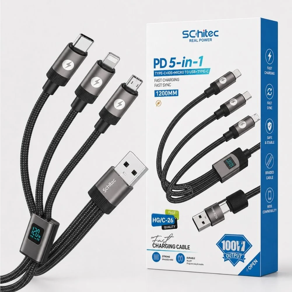 SChitec 5in1 100W Göstergeli Type-C ve UsbA Girişli Micro Type-C Lightning Çıkışlı Hızlı Şarj 1.2m