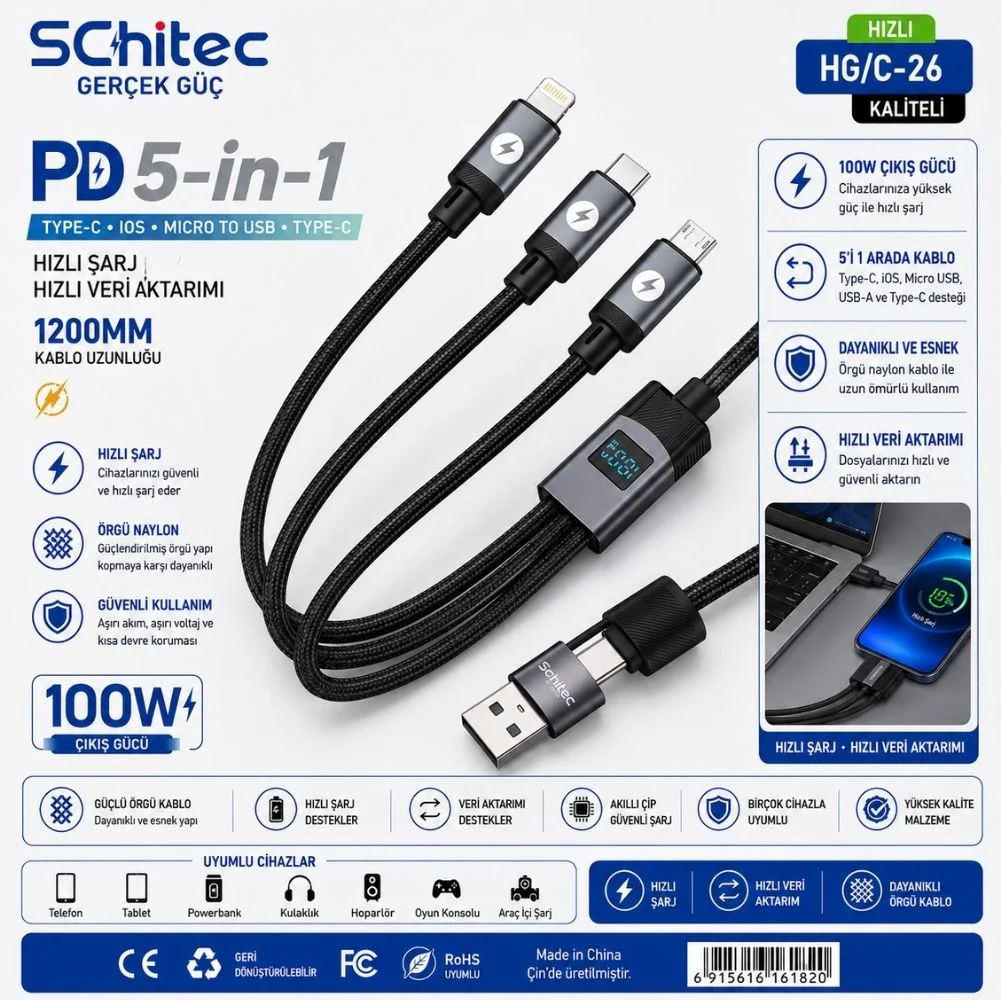 SChitec 5in1 100W Göstergeli Type-C ve UsbA Girişli Micro Type-C Lightning Çıkışlı Hızlı Şarj 1.2m