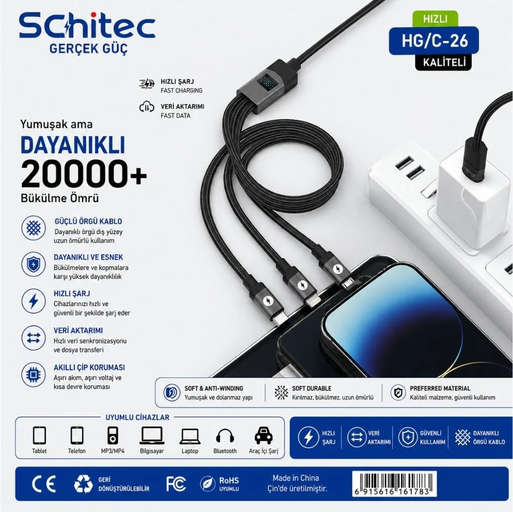SChitec 5in1 100W Göstergeli Type-C ve UsbA Girişli Micro Type-C Lightning Çıkışlı Hızlı Şarj 1.2m