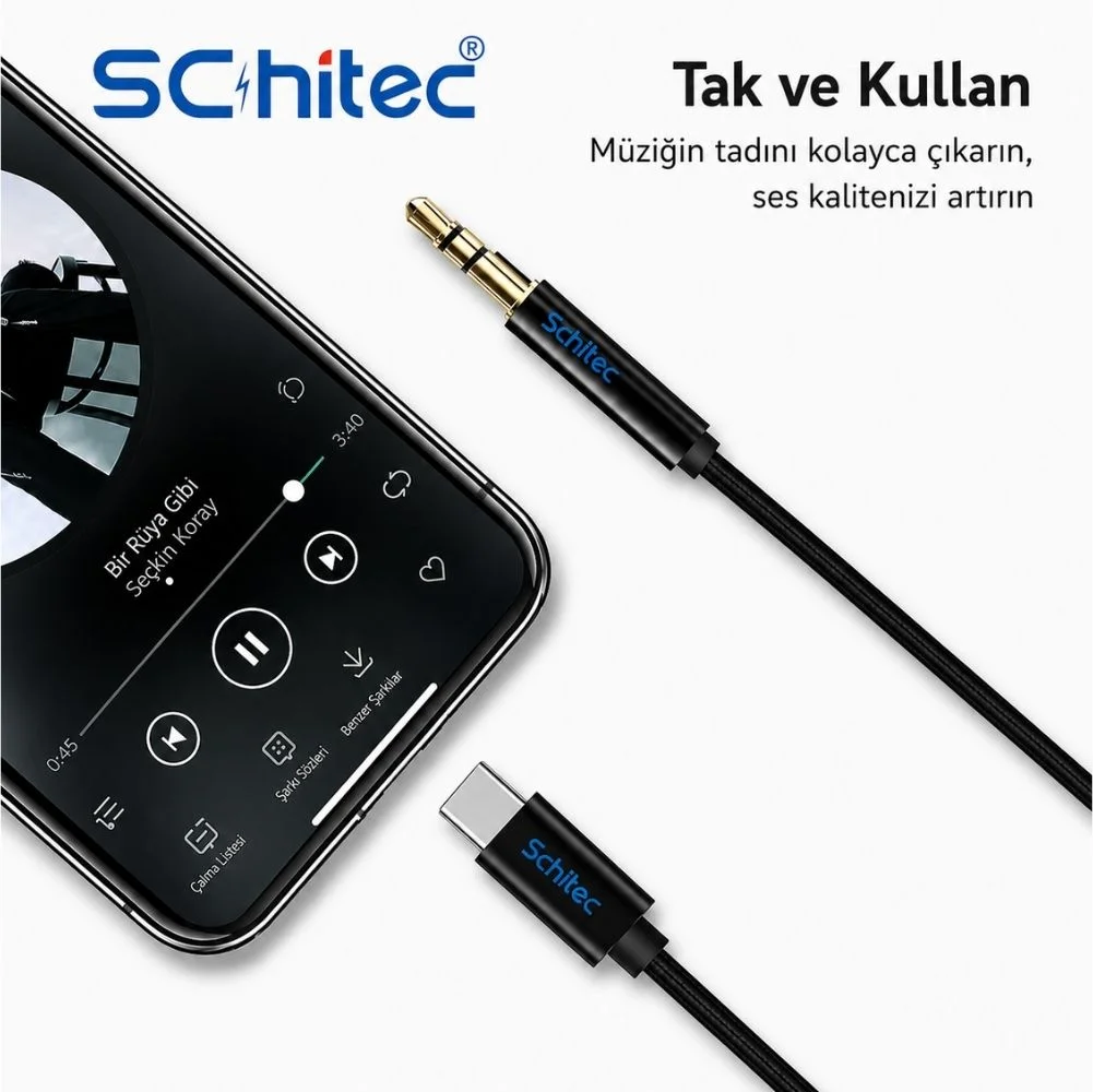 SChitec Type-C to 3.5mm Aux Ses Kablosu 1m Siyah HG/AXC-11