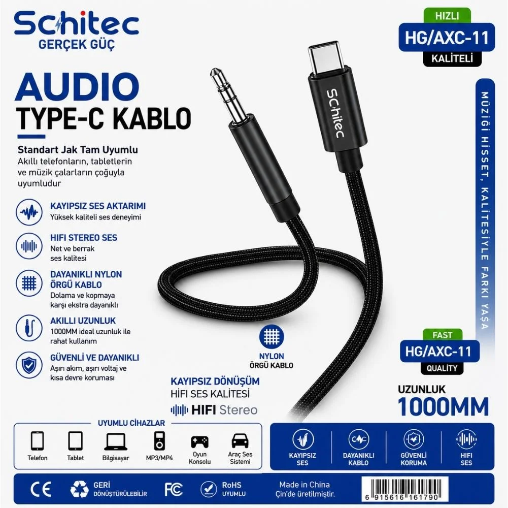 SChitec Type-C to 3.5mm Aux Ses Kablosu 1m Siyah HG/AXC-11
