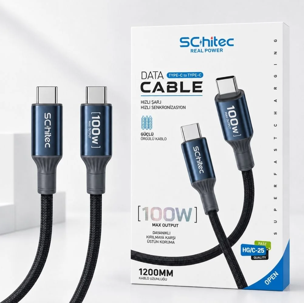 SChitec 100W Type-C to Type-C Süper Hızlı Data ve Şarj Kablosu Siyah 1.2 Metre HG/C-25100W12M
