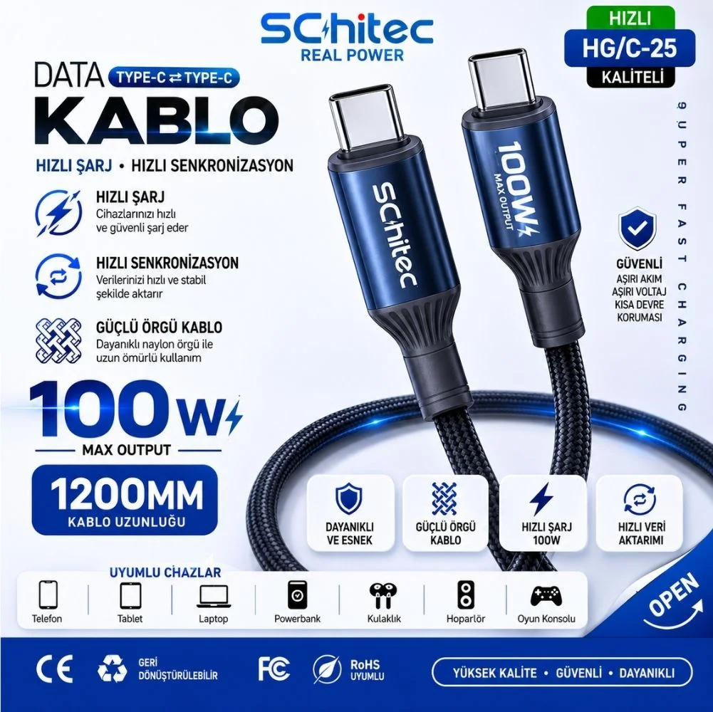 SChitec 100W Type-C to Type-C Süper Hızlı Data ve Şarj Kablosu Siyah 1.2 Metre HG/C-25100W12M