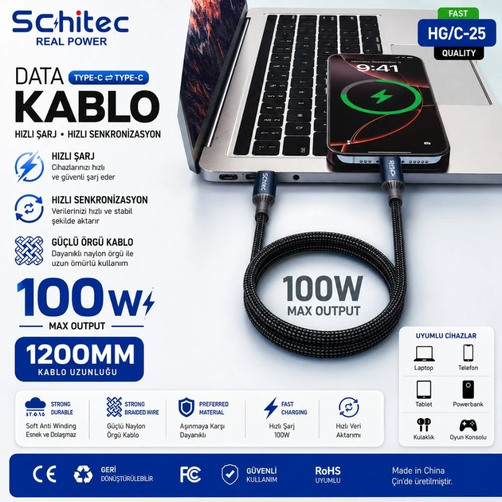 SChitec 100W Type-C to Type-C Süper Hızlı Data ve Şarj Kablosu Siyah 1.2 Metre HG/C-25100W12M