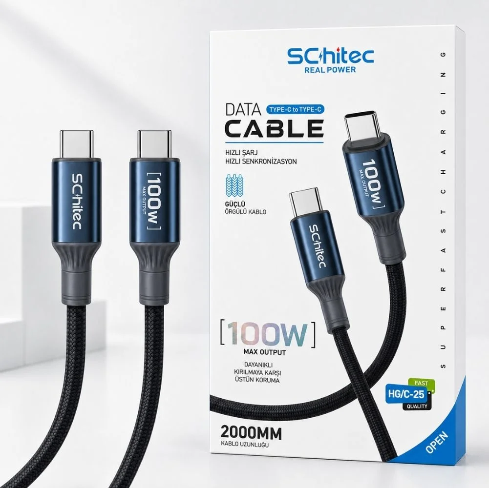 SChitec 100W Type-C to Type-C Süper Hızlı Data ve Şarj Kablosu Siyah 2 Metre HG/C-25100W2M