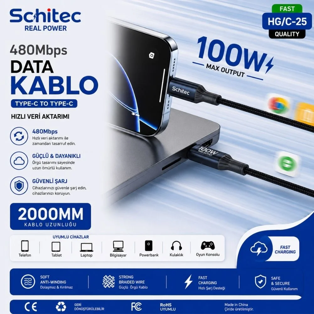 SChitec 100W Type-C to Type-C Süper Hızlı Data ve Şarj Kablosu Siyah 2 Metre HG/C-25100W2M