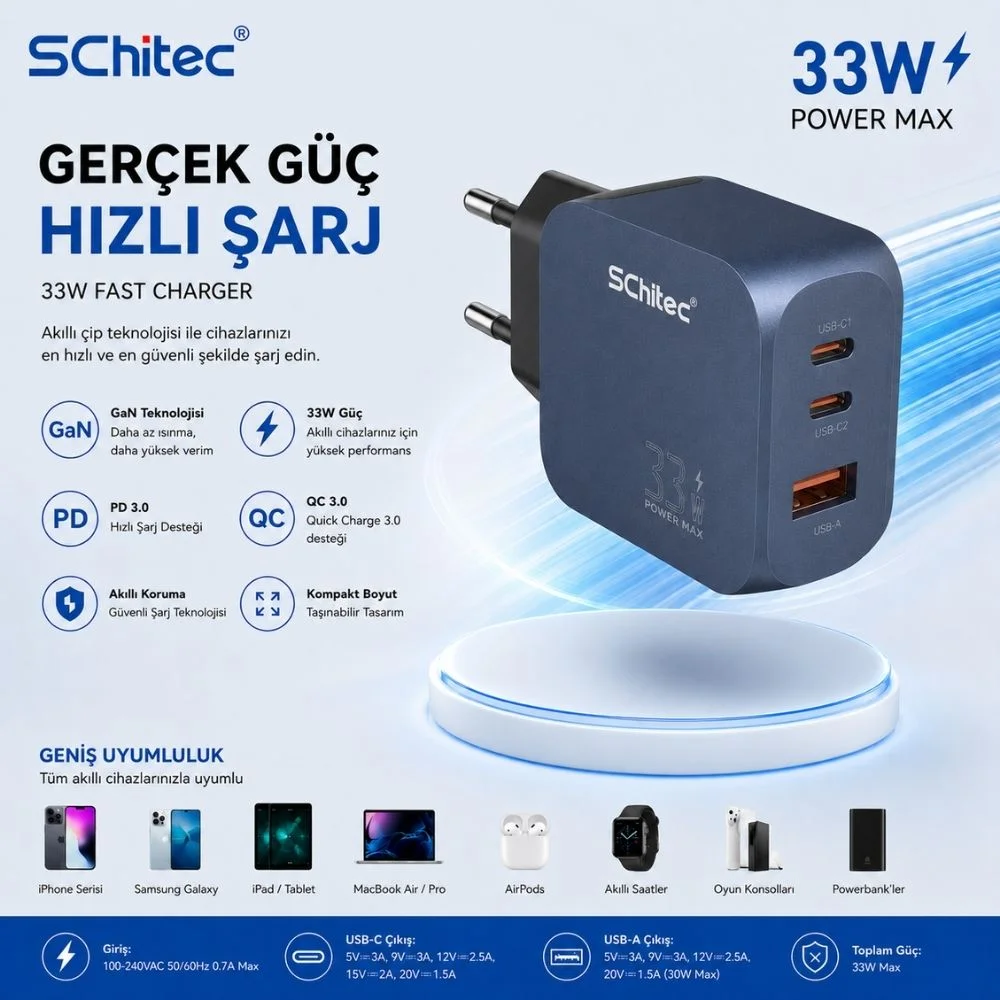 SChitec 33W GaN 3 Portlu Hızlı Şarj Adaptörü USB-C + USB-A + Lightning 1m Kablolu Set Siyah Q5