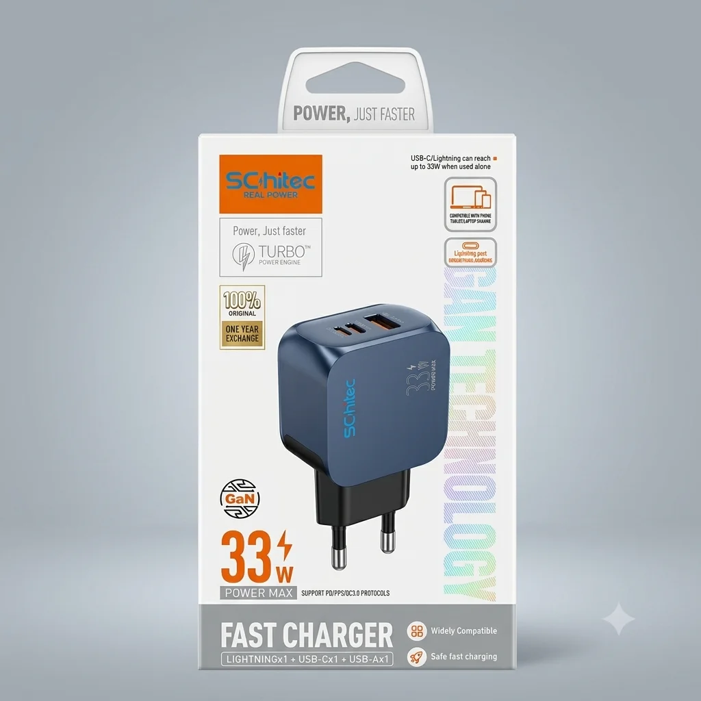 SChitec 33W GaN 3 Portlu Hızlı Şarj Adaptörü USB-C + USB-A + Lightning 1m Kablolu Set Siyah Q5