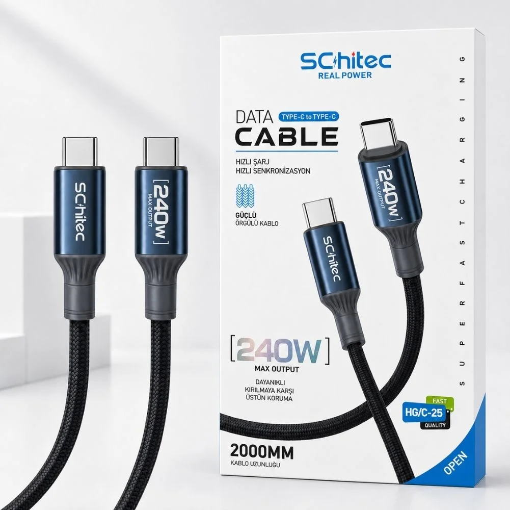 SChitec 240W Type-C to Type-C Süper Hızlı Data ve Şarj Kablosu Siyah 2 Metre HG/C-25240W2M