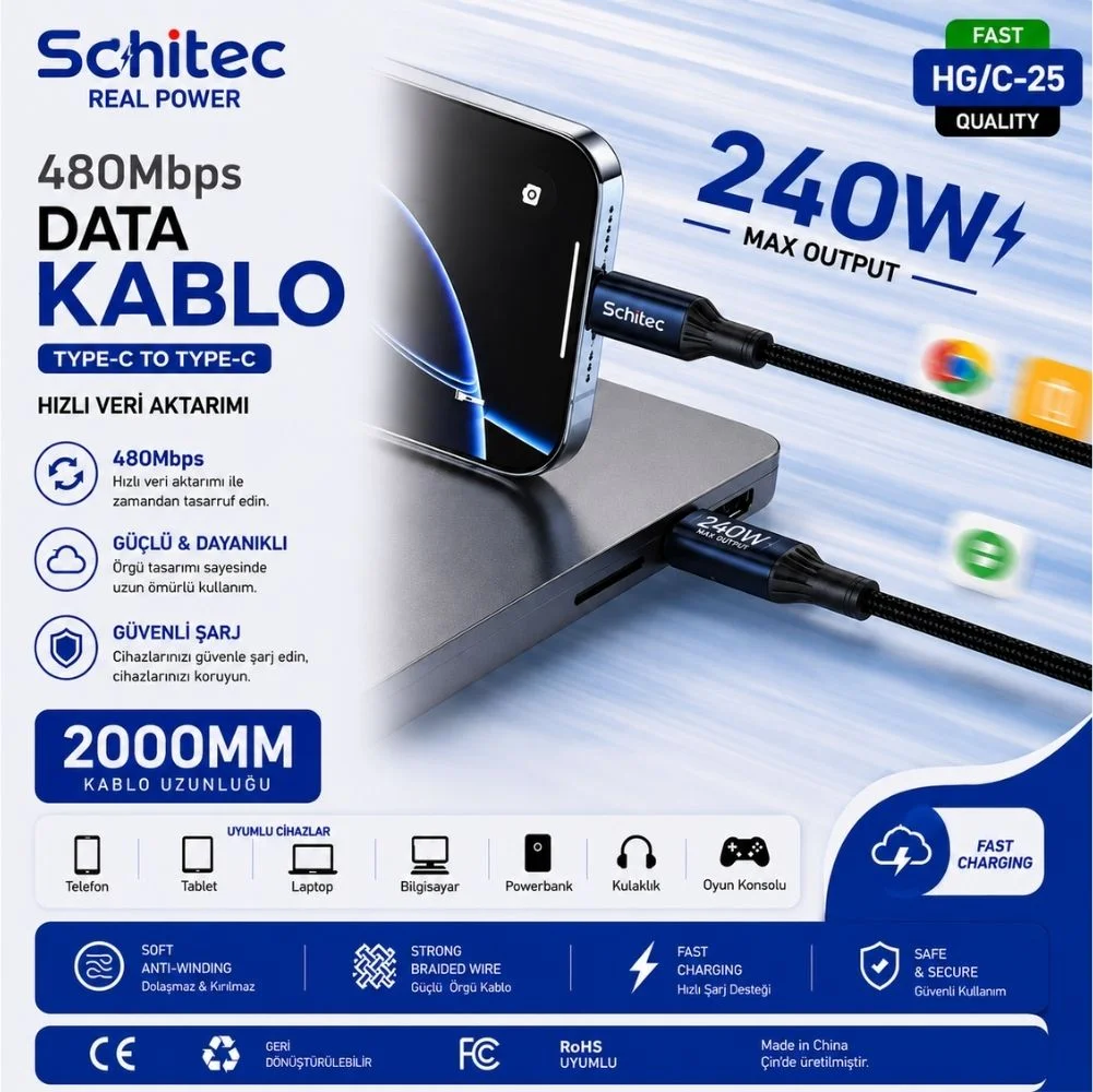 SChitec 240W Type-C to Type-C Süper Hızlı Data ve Şarj Kablosu Siyah 2 Metre HG/C-25240W2M